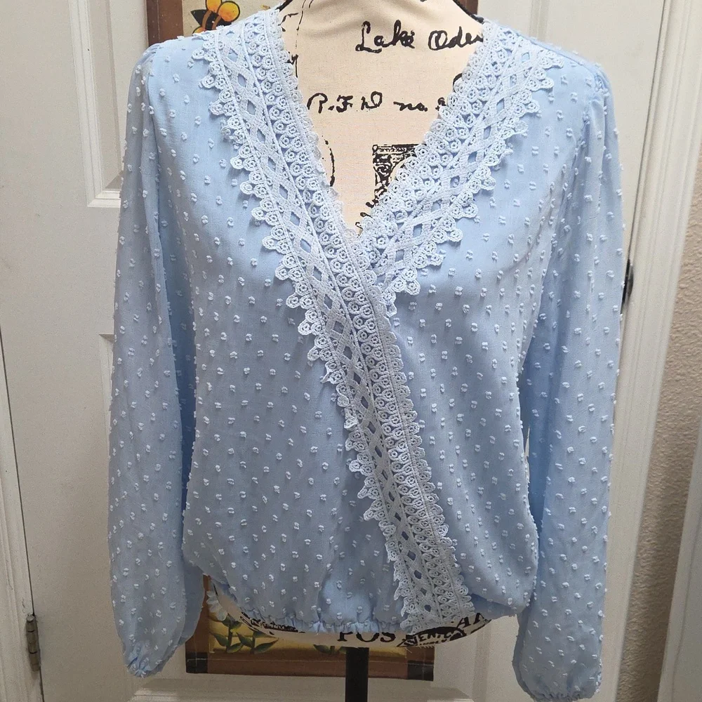Light Blue Lace Trim Blouse - Picture 1 of 5